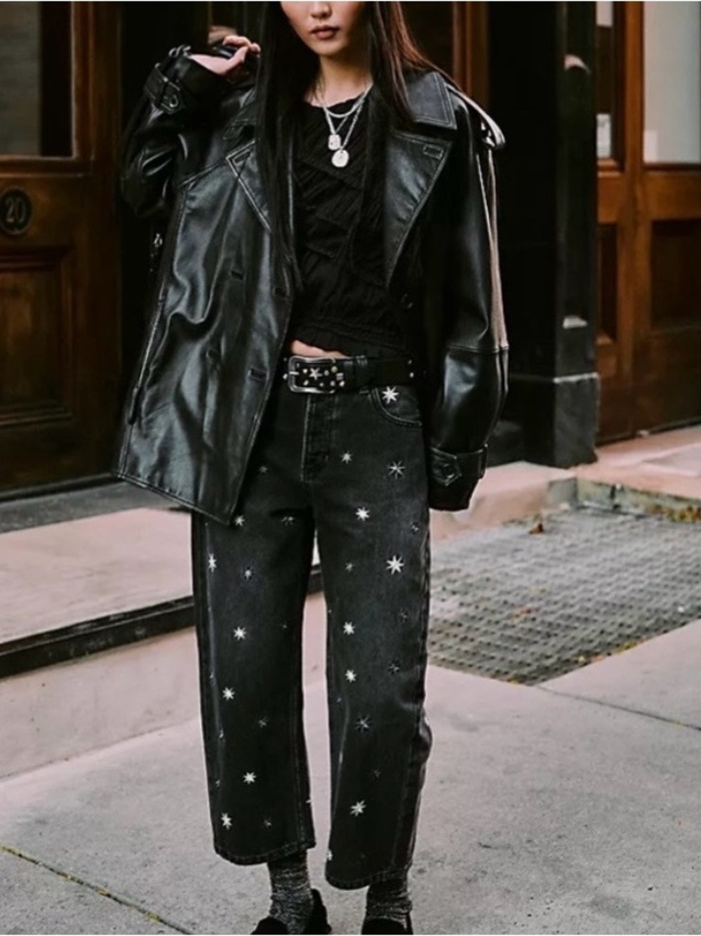 Free People Deep Trance Shine Embroidered Stars Dropped Boyfriend Jeans Size 24